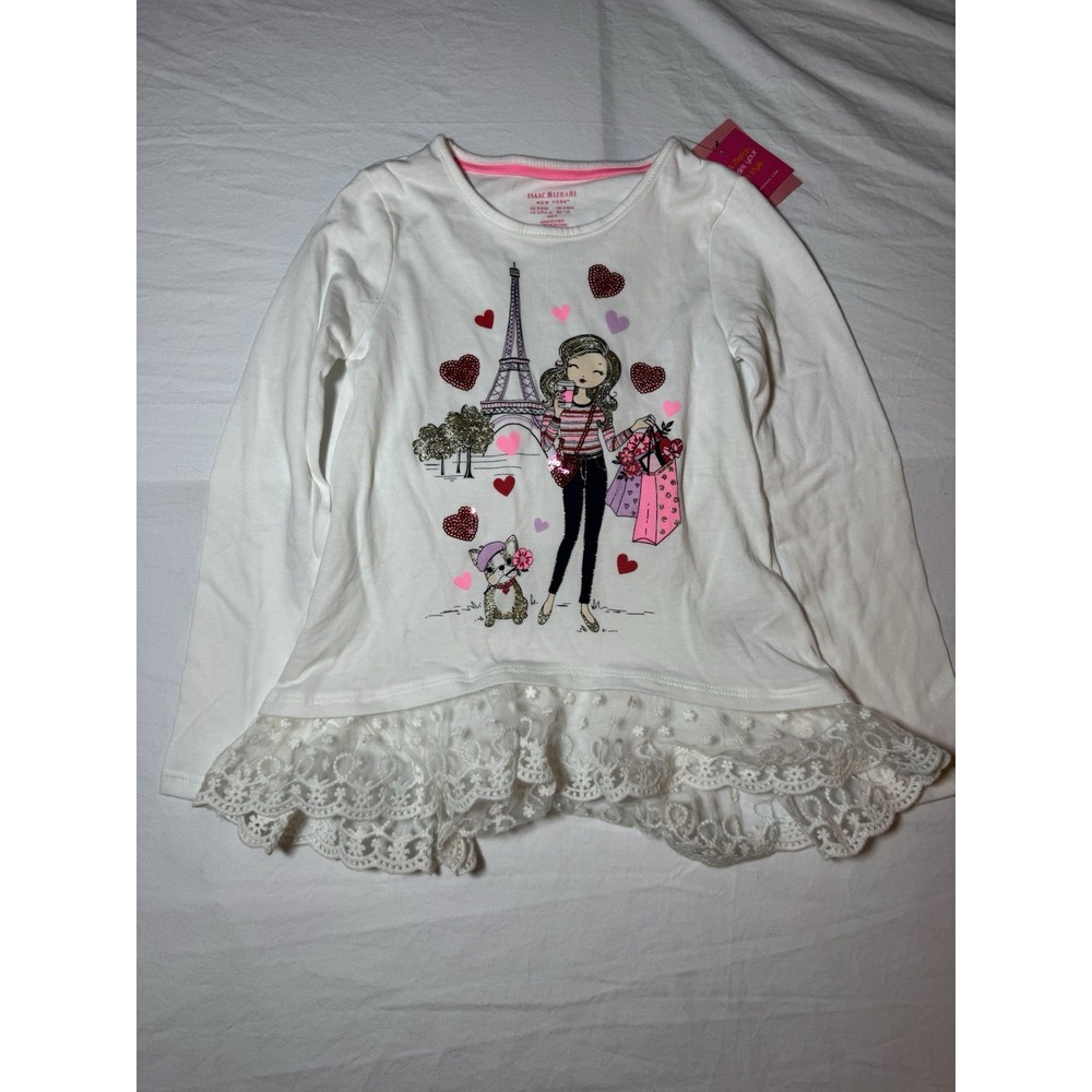 Girls Long Sleeve Shirt Size 5/6 Sequin Hearts Eiffel Tower NWT